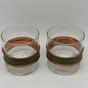 Vintage Coppercraft Guild Lowball Glasses Pair Copper Leather Band Barware MCM